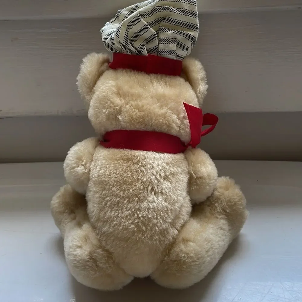 Vintage tan railroad engineer Teddy Bear with wooden train & music box‎